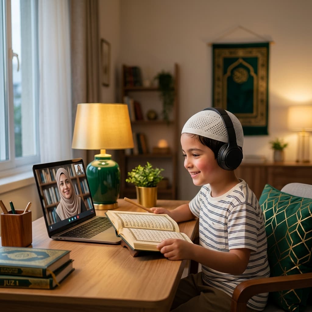 Young boy student learning Quran online